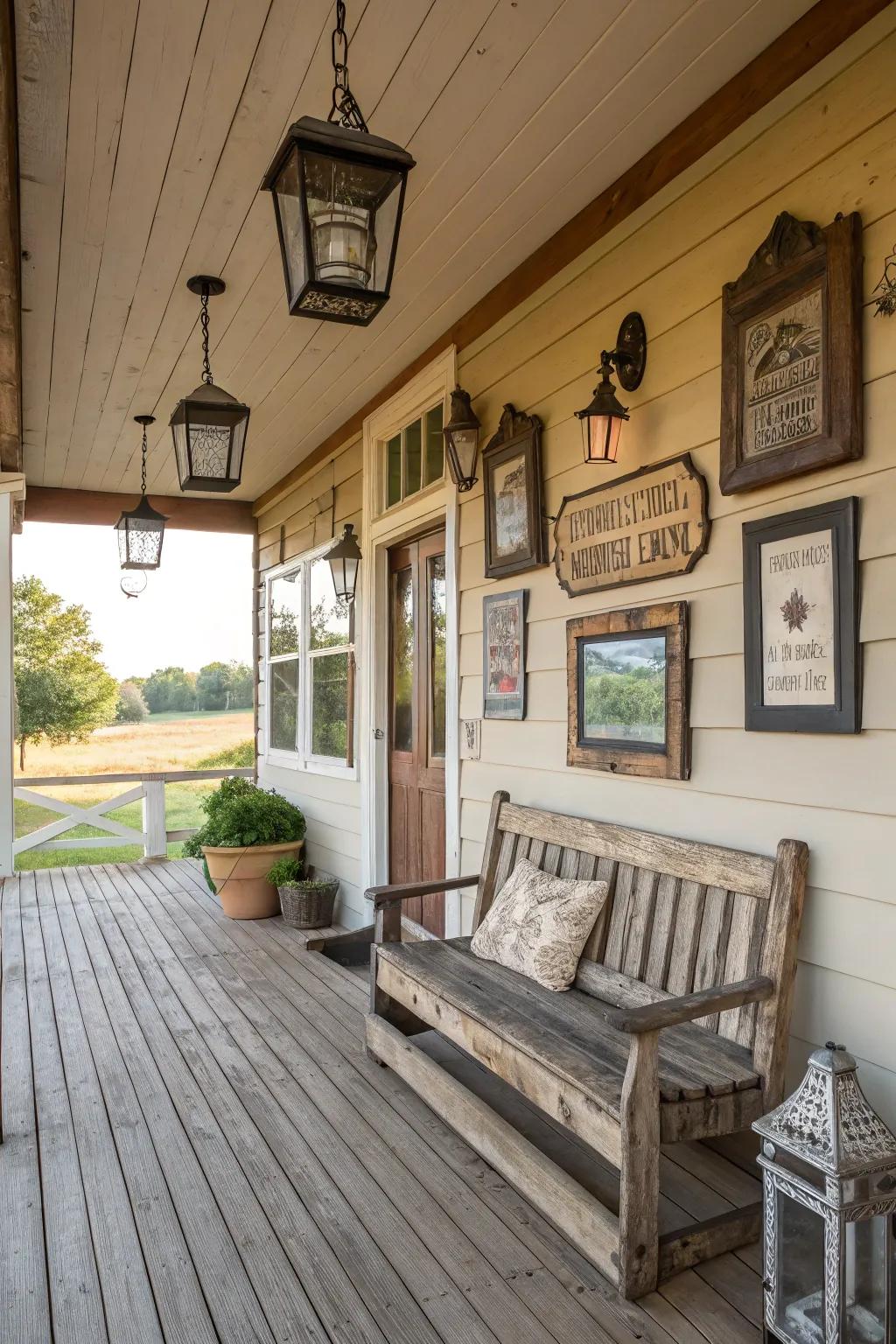 Rustic wall decor adds depth to this charming porch.