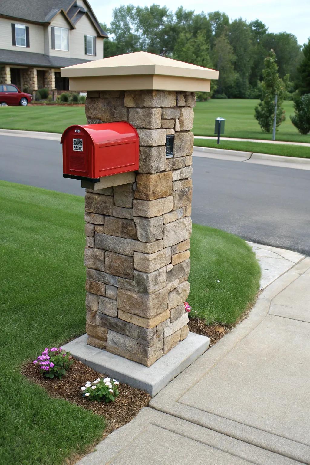 A stone pillar mailbox stands as a testament to classic design.