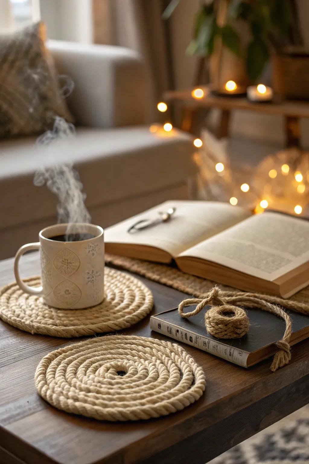 Rope coasters add a hint of homespun elegance.