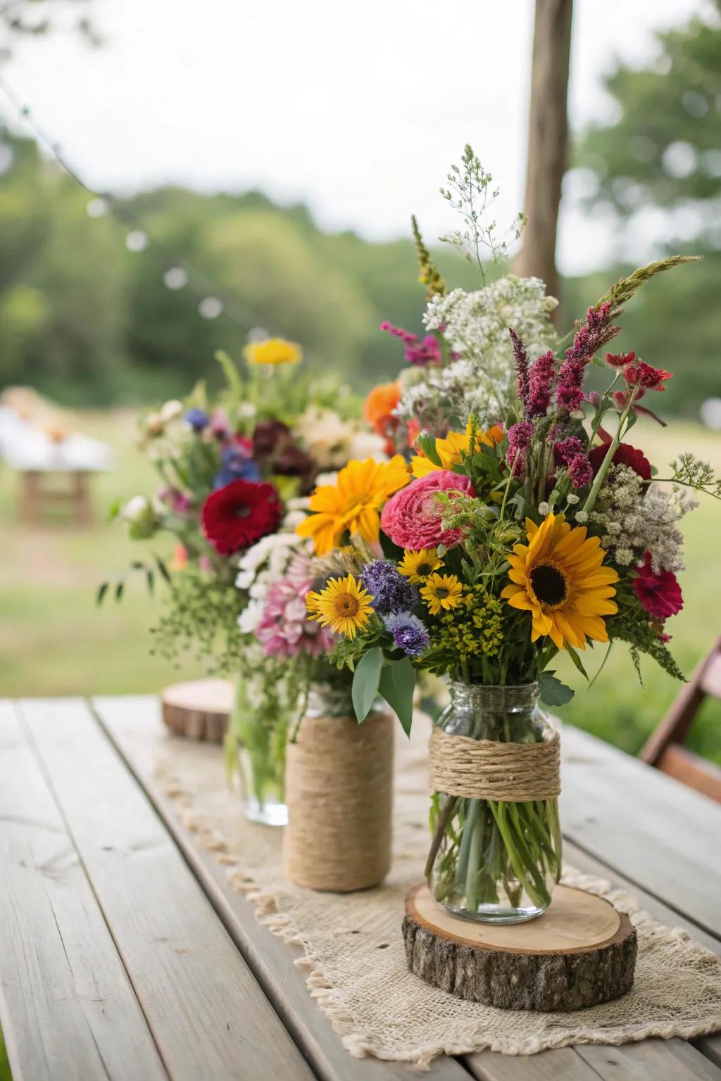 Charming DIY wedding blossom designs featuring wildflowers.
