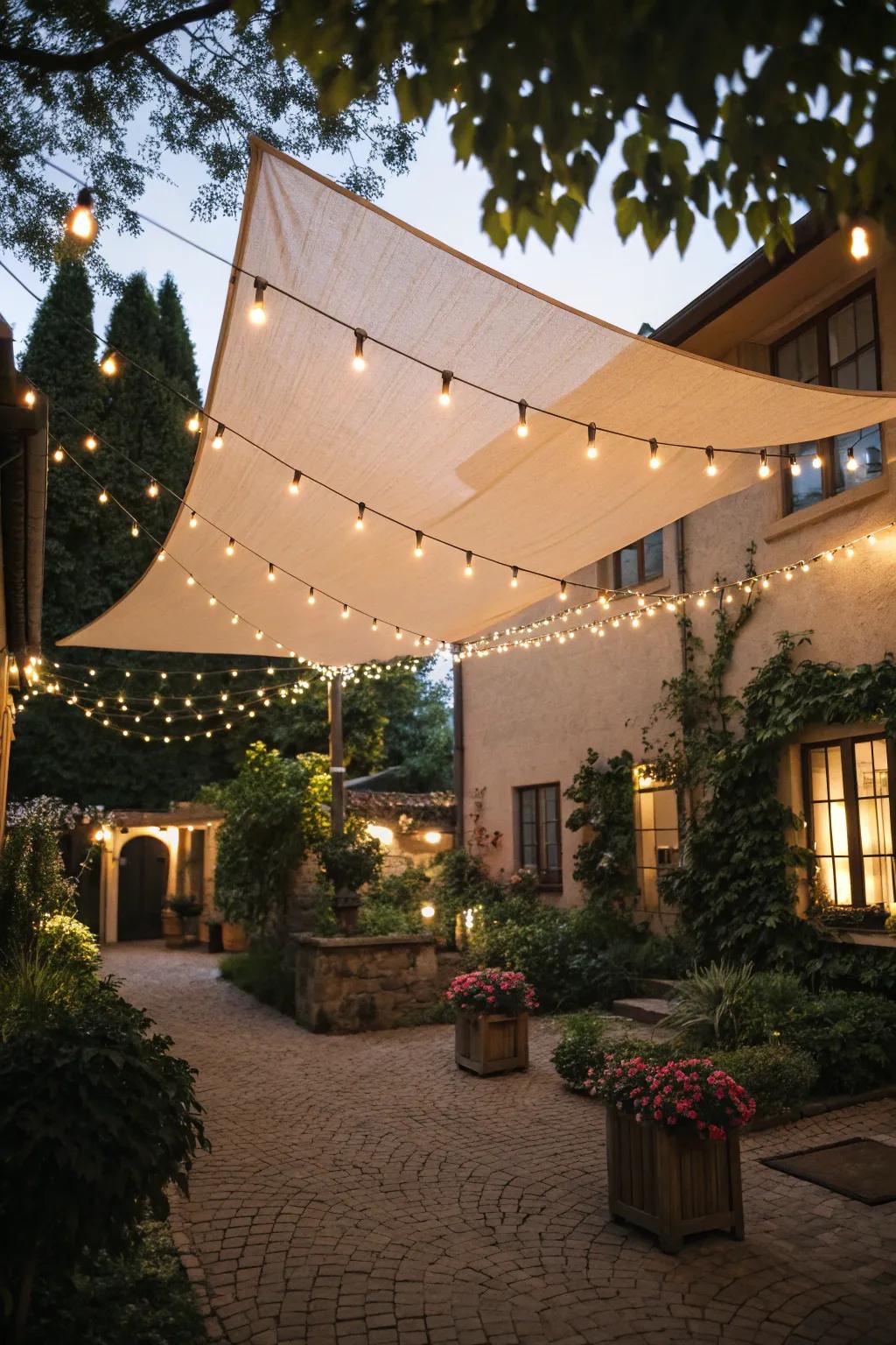 Strands of lights underneath shade builds create a magical nighttime setting.