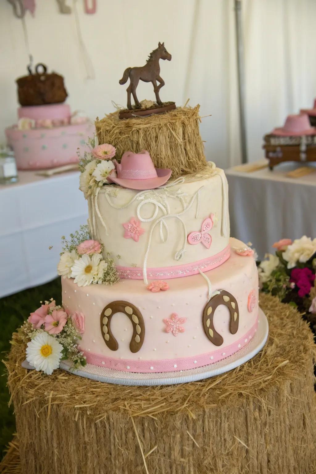 A hay bale base lends a rustic allure to this cowgirl baby shower cake.