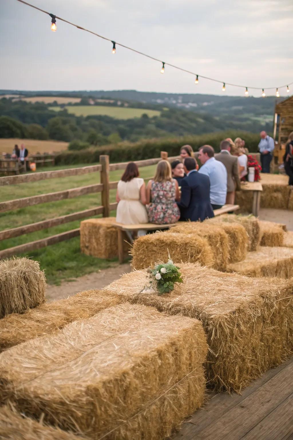 Hay bales offer rustic seating that complements the cowgirl theme.