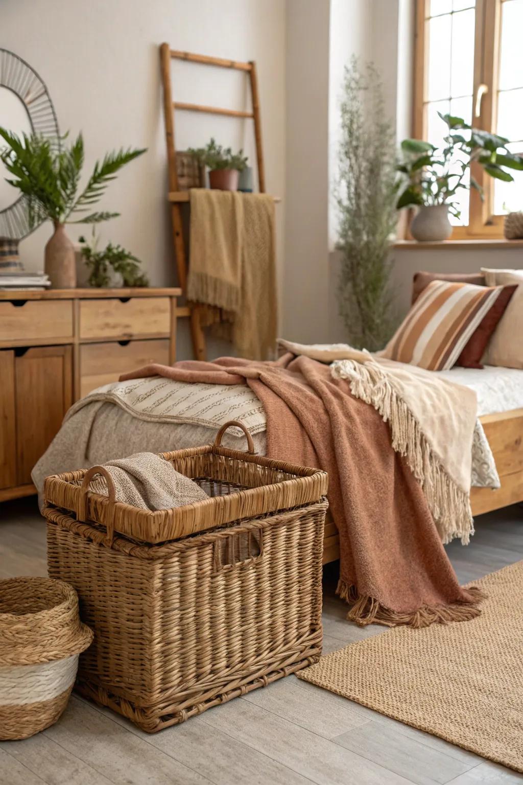 A resting quarter with country wicker baskets bringing both function and also style.
