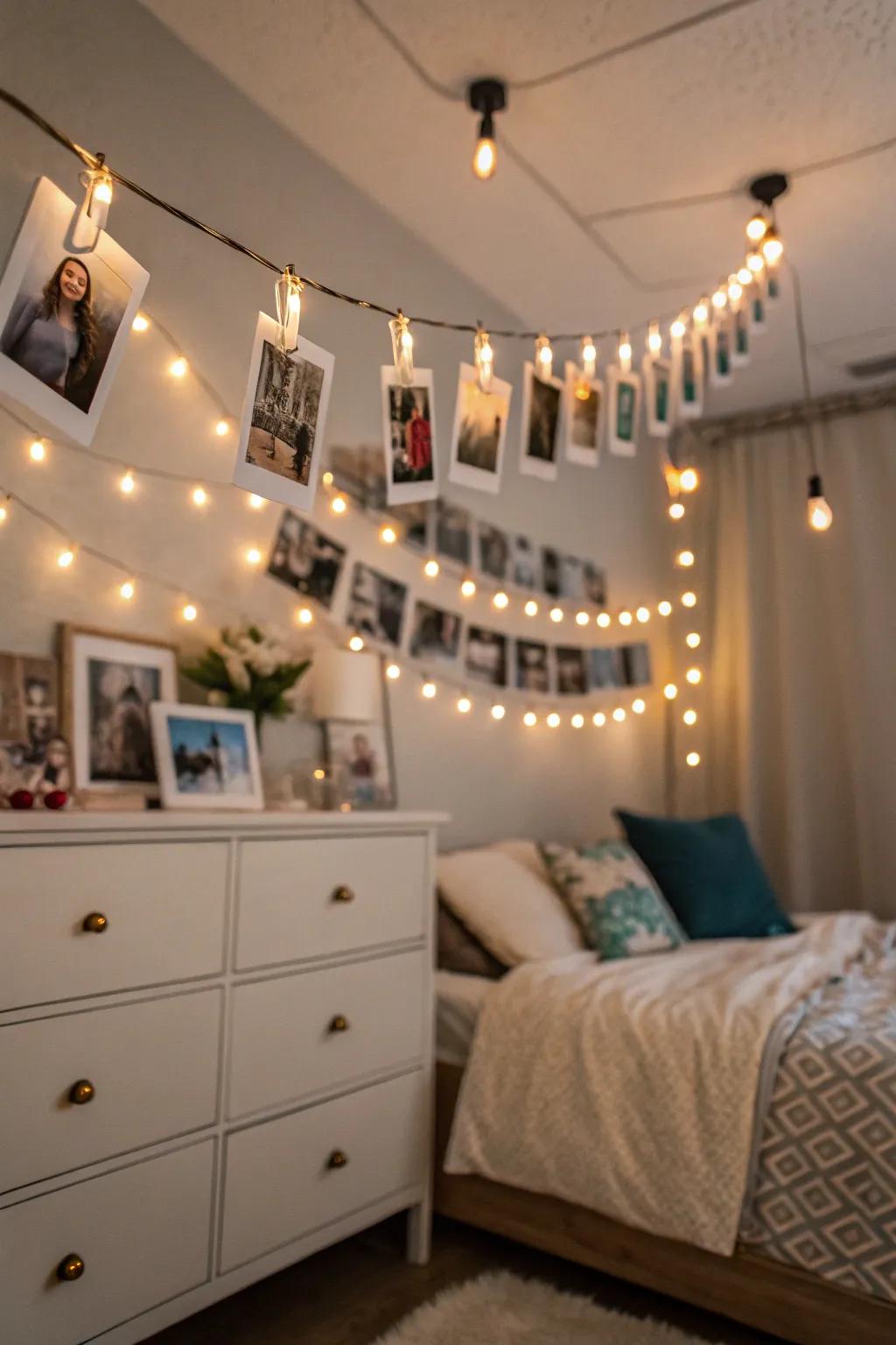 Twinkle lights with photo pins showcasing images.