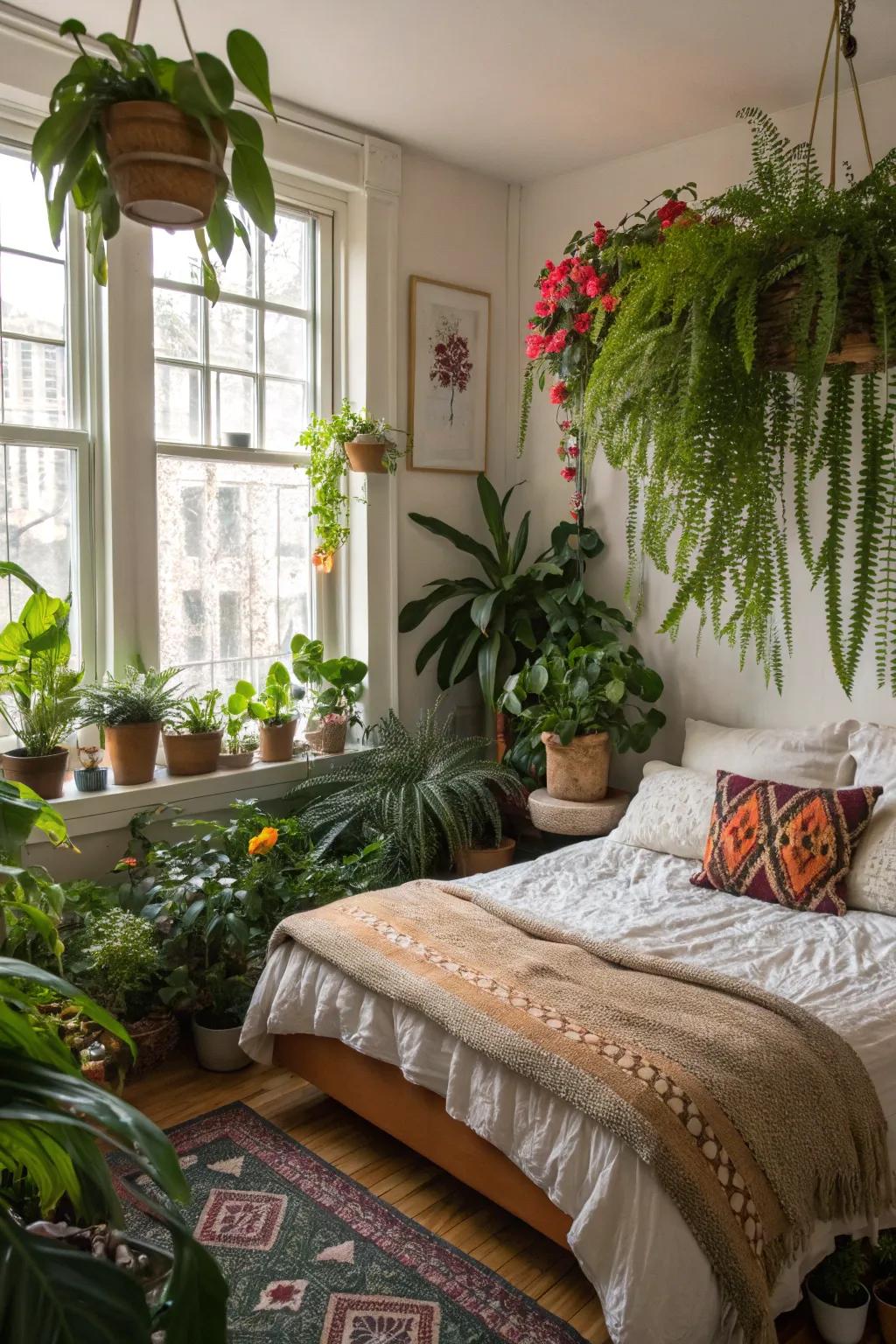 A range of plant textures adds aesthetic interest and coziness to your bedroom.