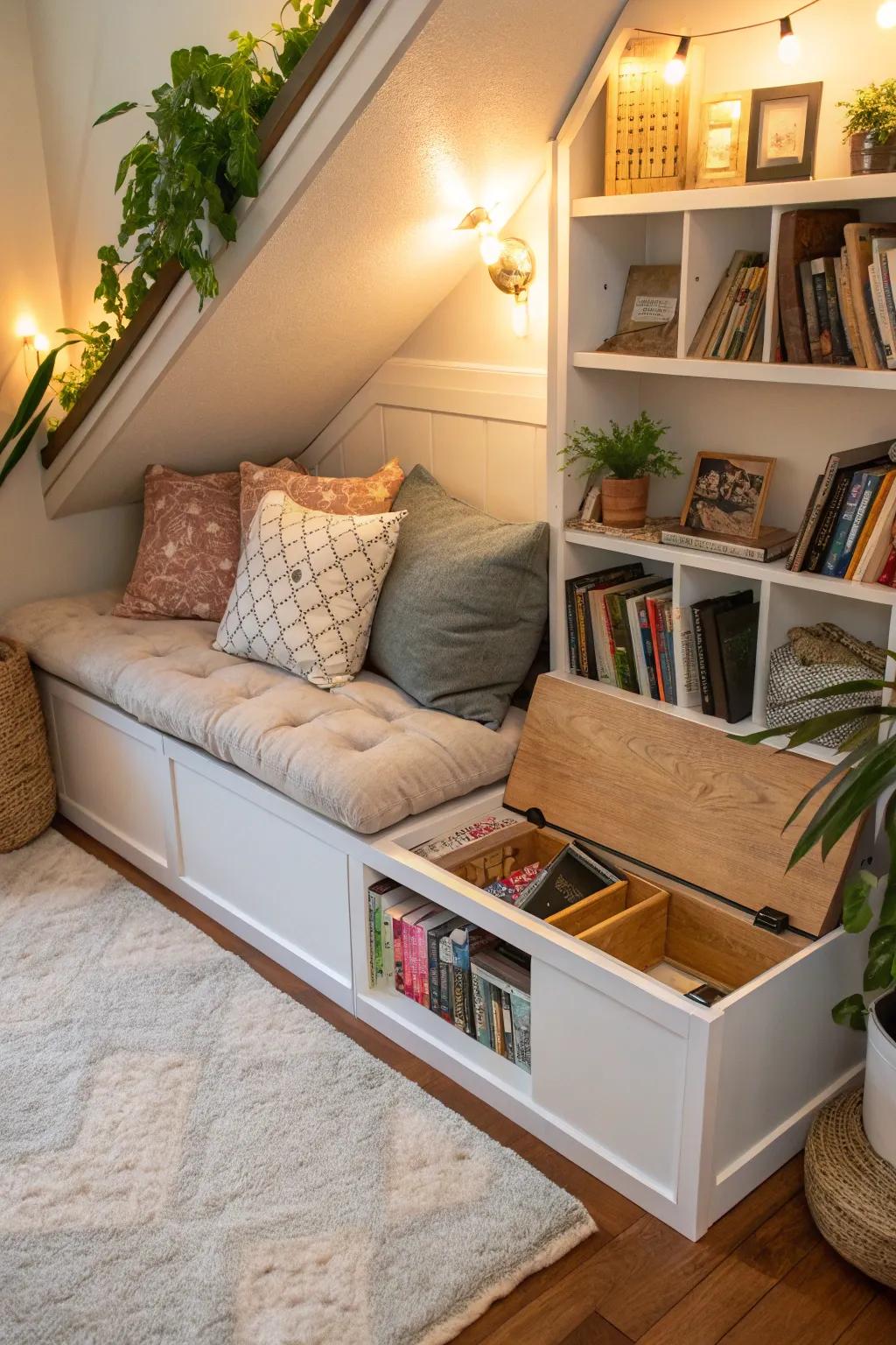 Seating with hidden storage keeps the reading nook tidy and organized.