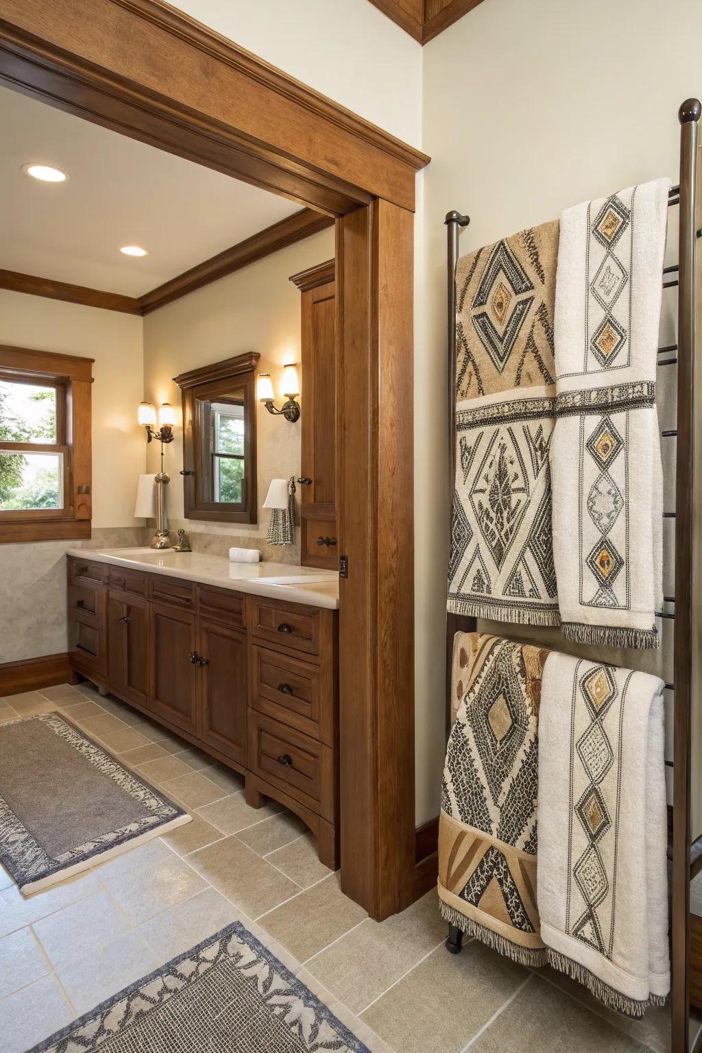 Hand-made linens adding a personal stamp to the craftsman bathroom.