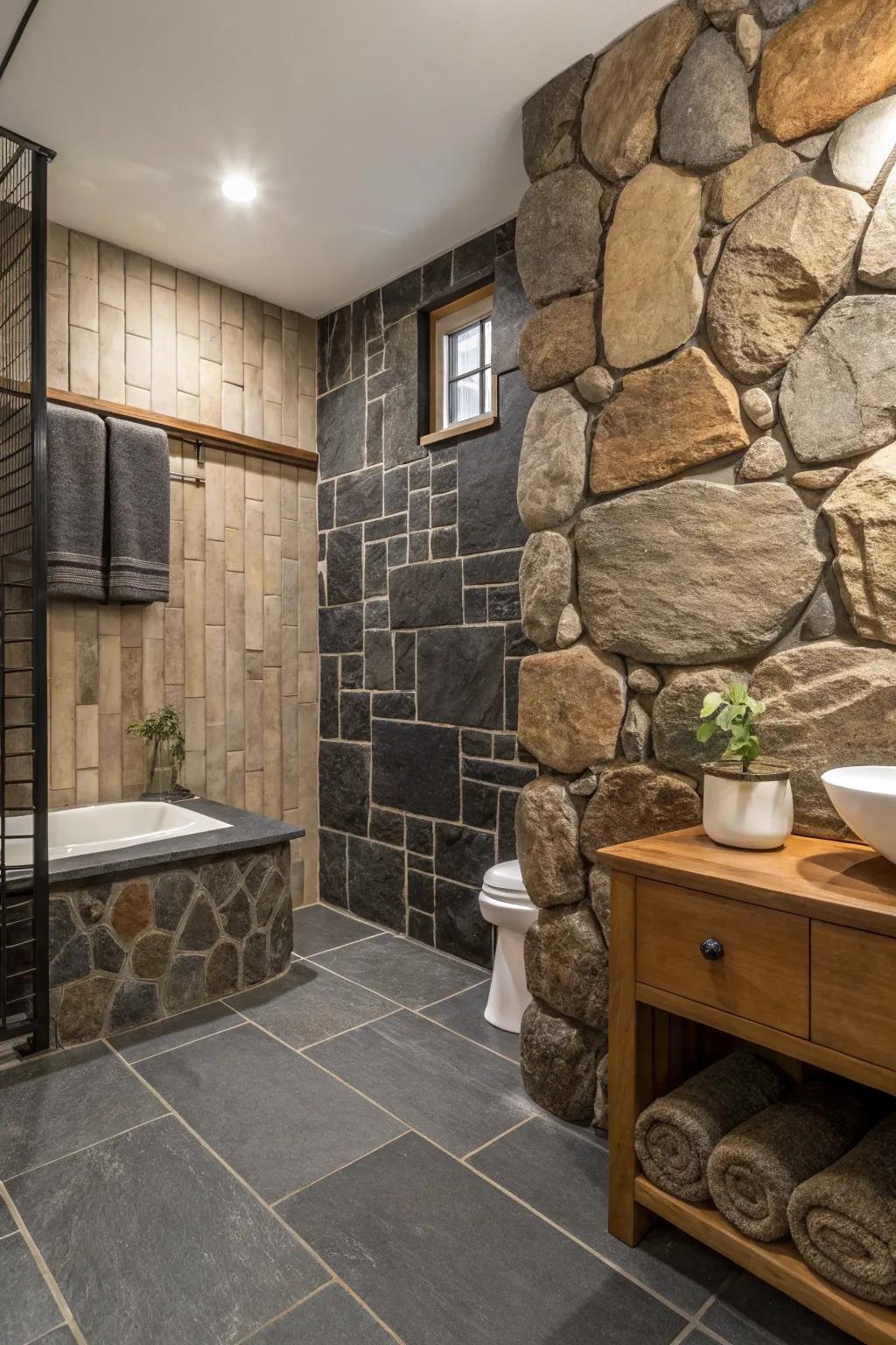 A well-blended bathroom featuring a variety of textures, adding richness.