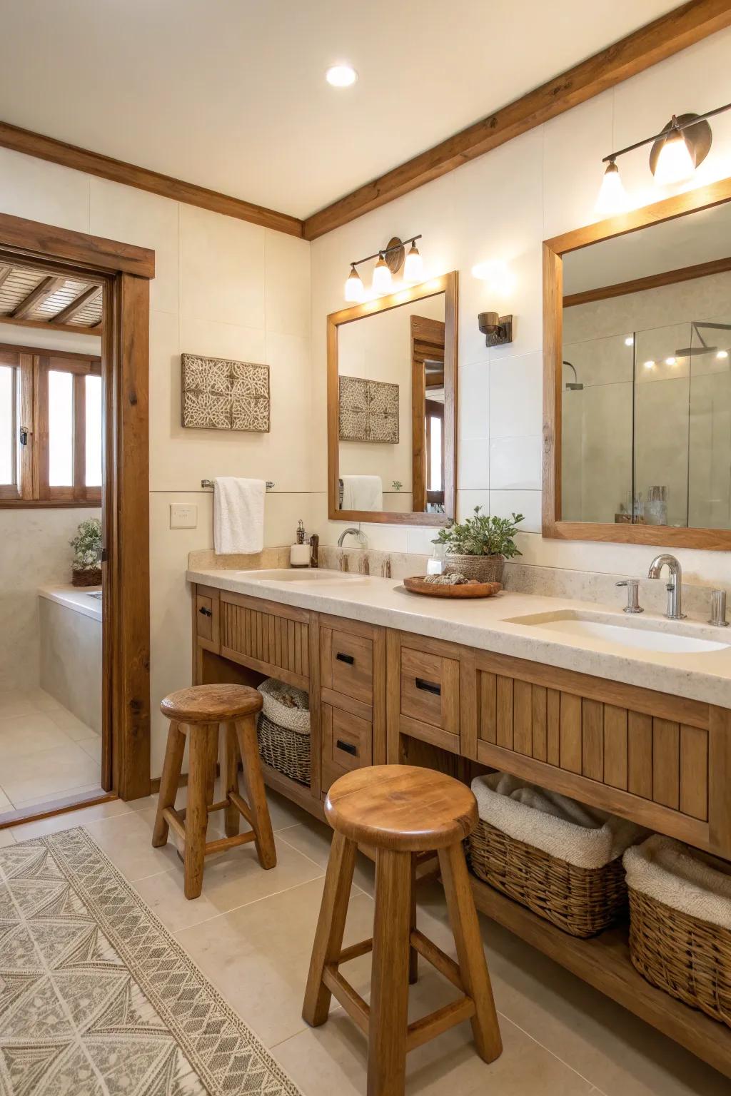 Wooden embellishments add warmth and texture to this cream bathroom.