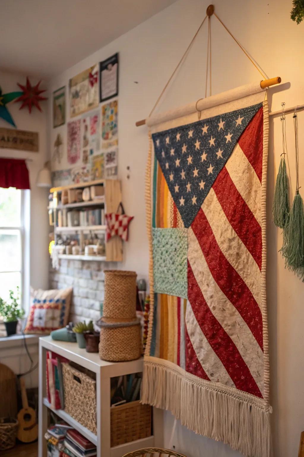 A textile art flag adds texture and warmth to your decor.