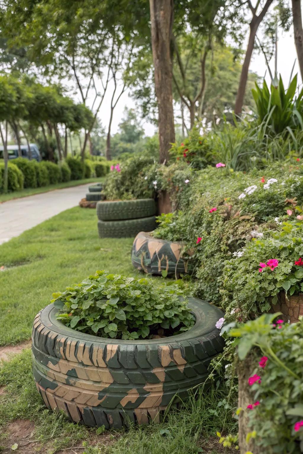 Subtle concealed tire gardens integrating with the garden.