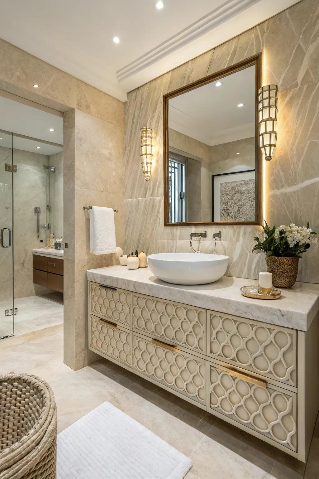 Embossed highlights enrich the design of a crema marfil bathroom.