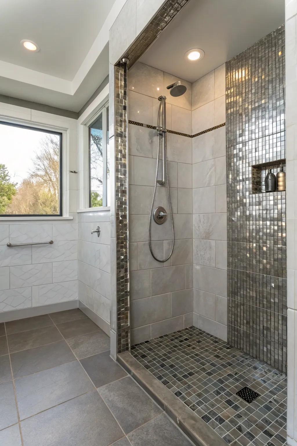 Metallic accents give a subtle sophistication to this curbless shower.