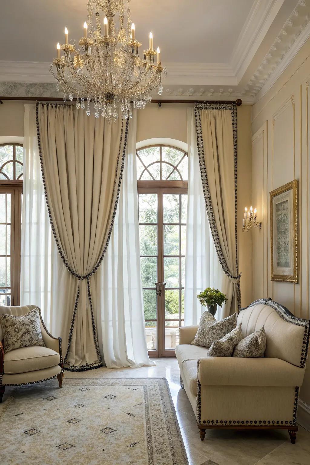 Contrast piping adds a sophisticated edge to window covering designs.
