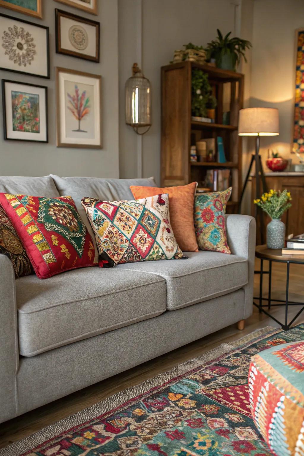 An eclectic mix of cushions showcases individuality on a grey sofa.