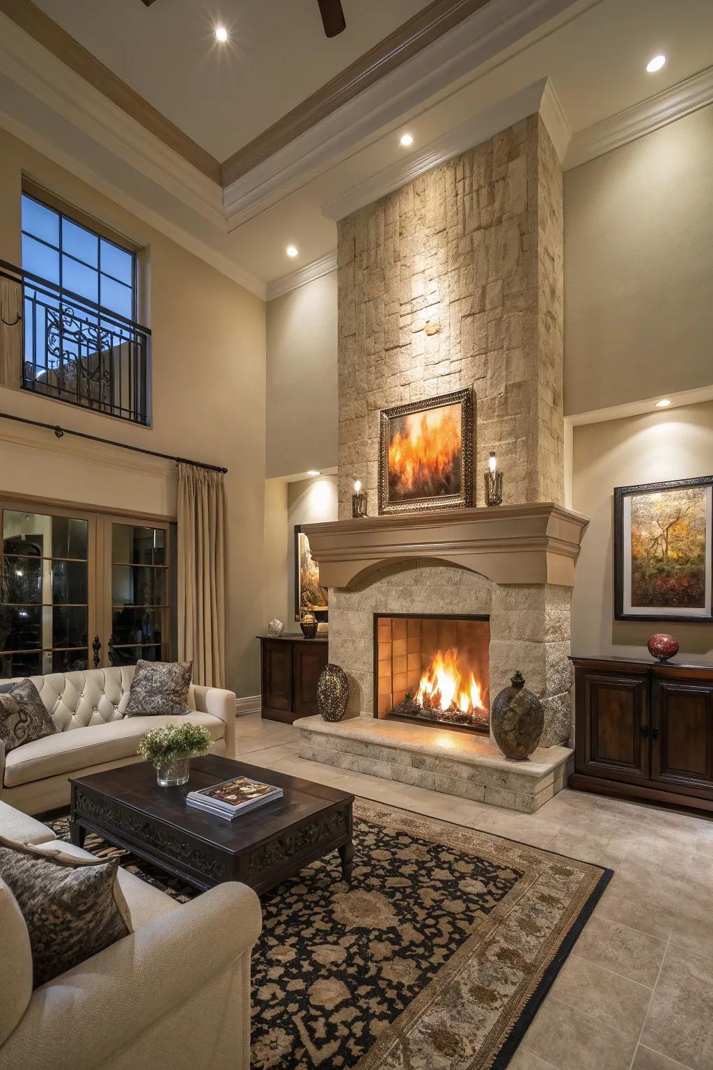 A floor-to-ceiling fireplace adds architectural drama.