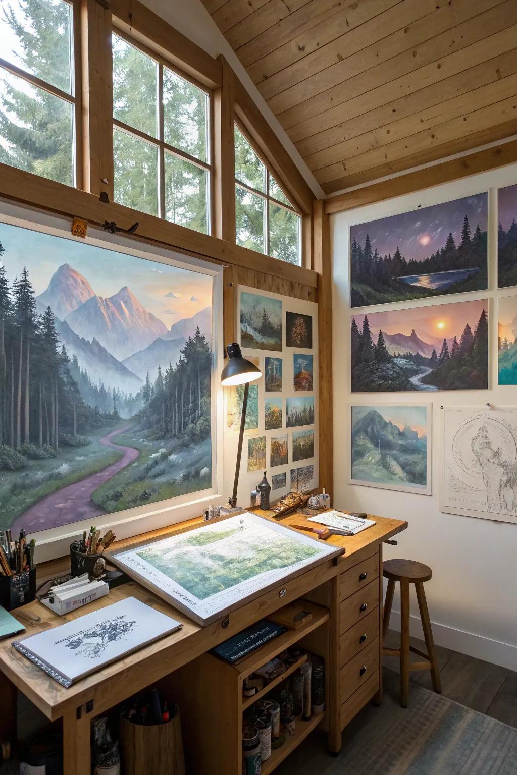 Dreamlike vistas igniting creativity within an artist's studio.