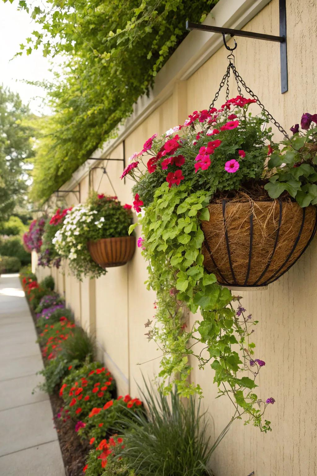 Suspended baskets add vertical charm and greenery to your garden.