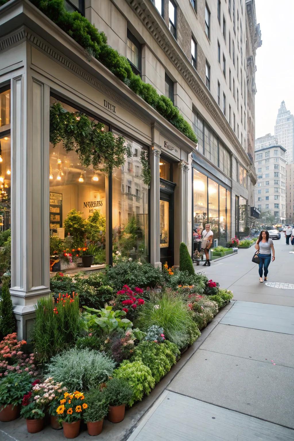 A storefront featuring a lush miniature garden, creating a delightful surprise.