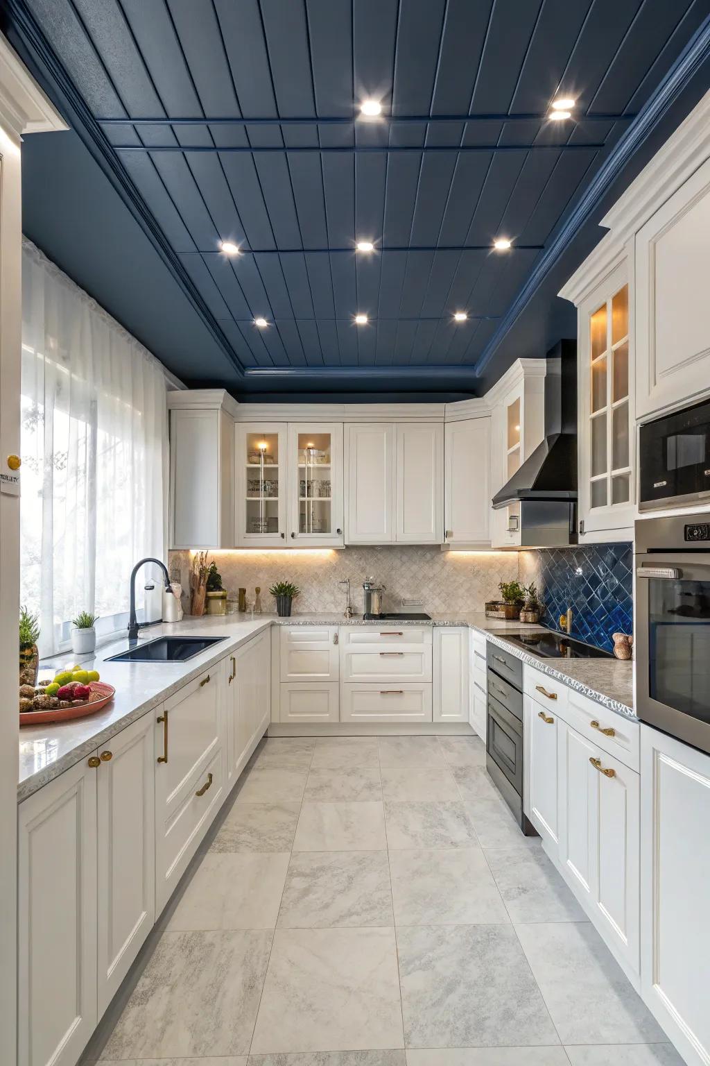 A galley exhibiting striking contrast from a deep azure ceiling.