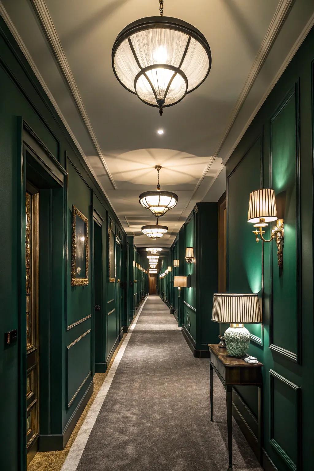 Layered lighting adds depth to the dark green hallway.