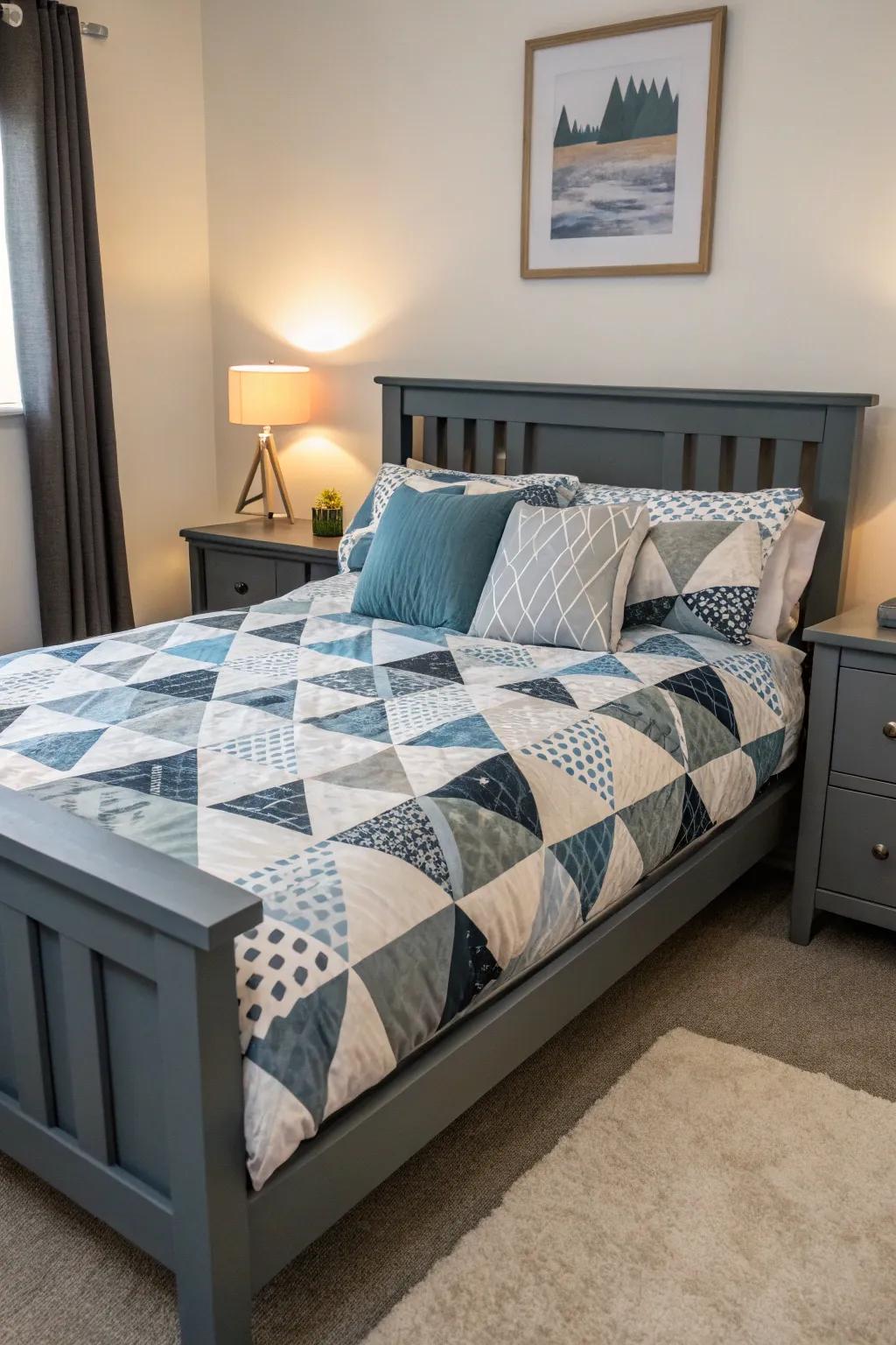 A gray-themed bedroom is given a modern touch by symmetrical designs.