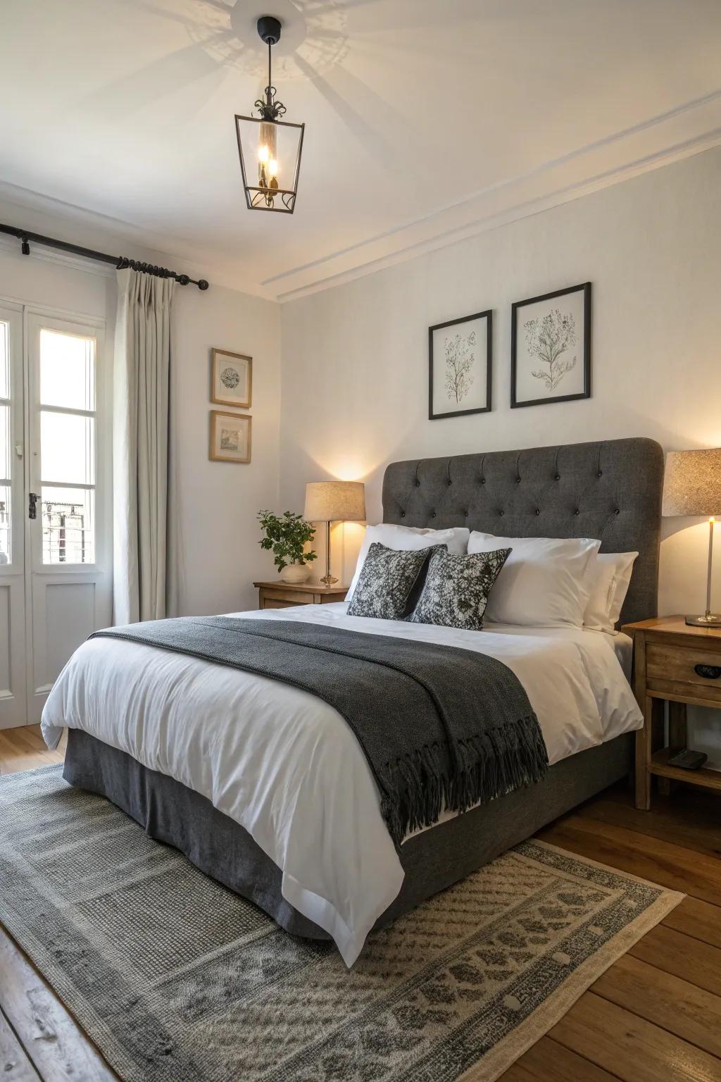 Bright elements establish a classic contrast with deep charcoal bedding.