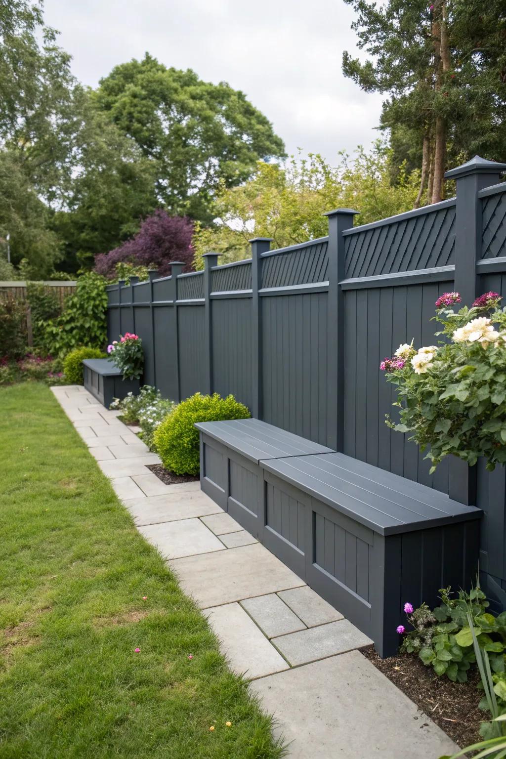 A deep charcoal barrier with built-in benches provides seating and storage solutions.
