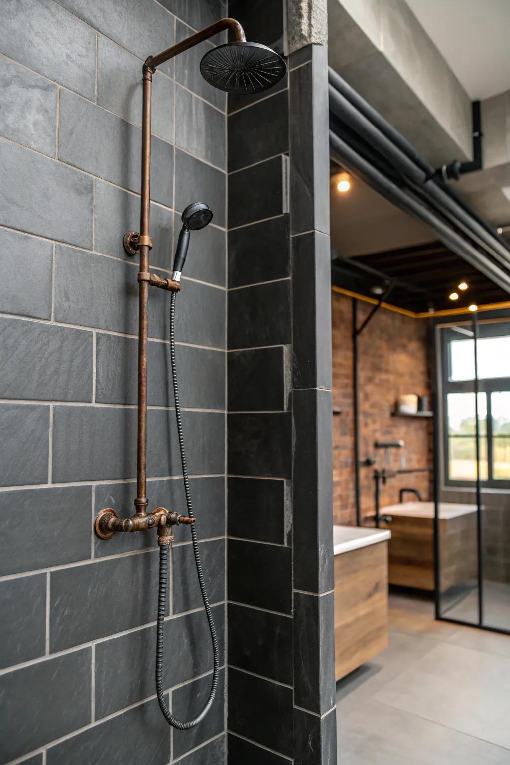 Deep charcoal tiles work well with an industrial aesthetic.