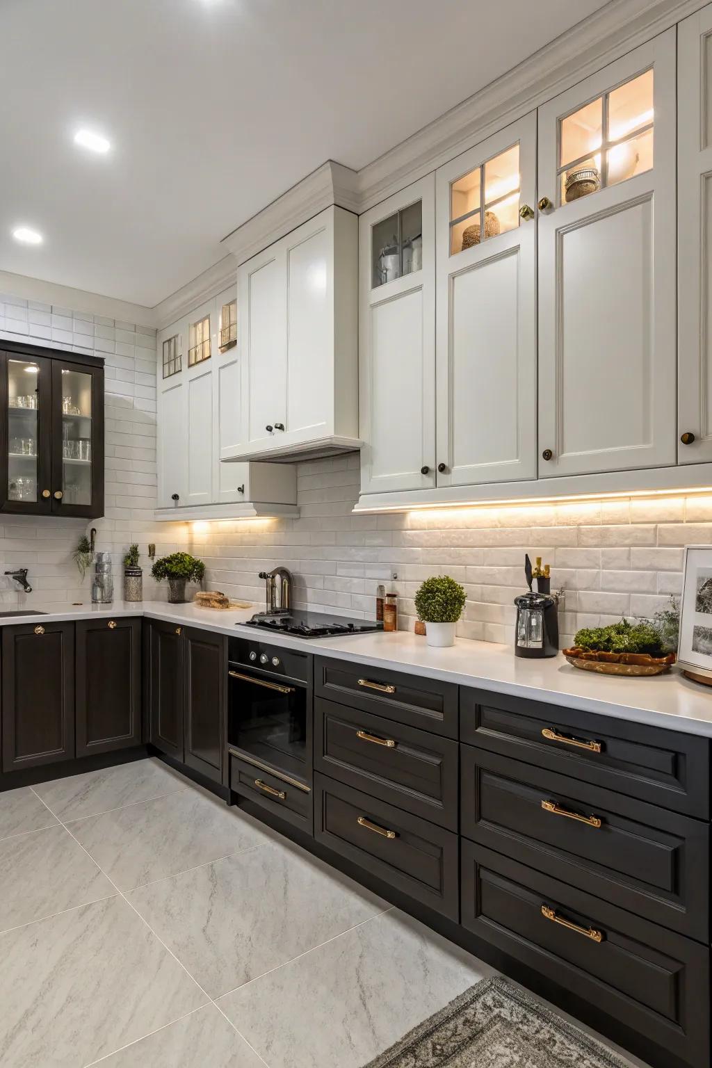 Two-toned cabinets craft a balanced and captivating kitchen design.