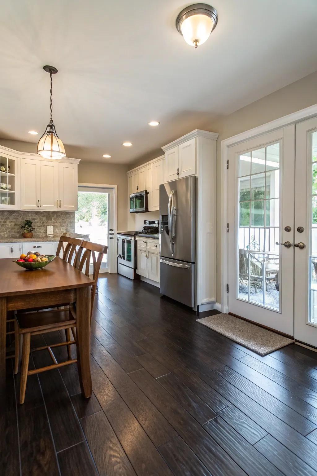 Dark wood flooring adds depth and anchors the kitchen design.