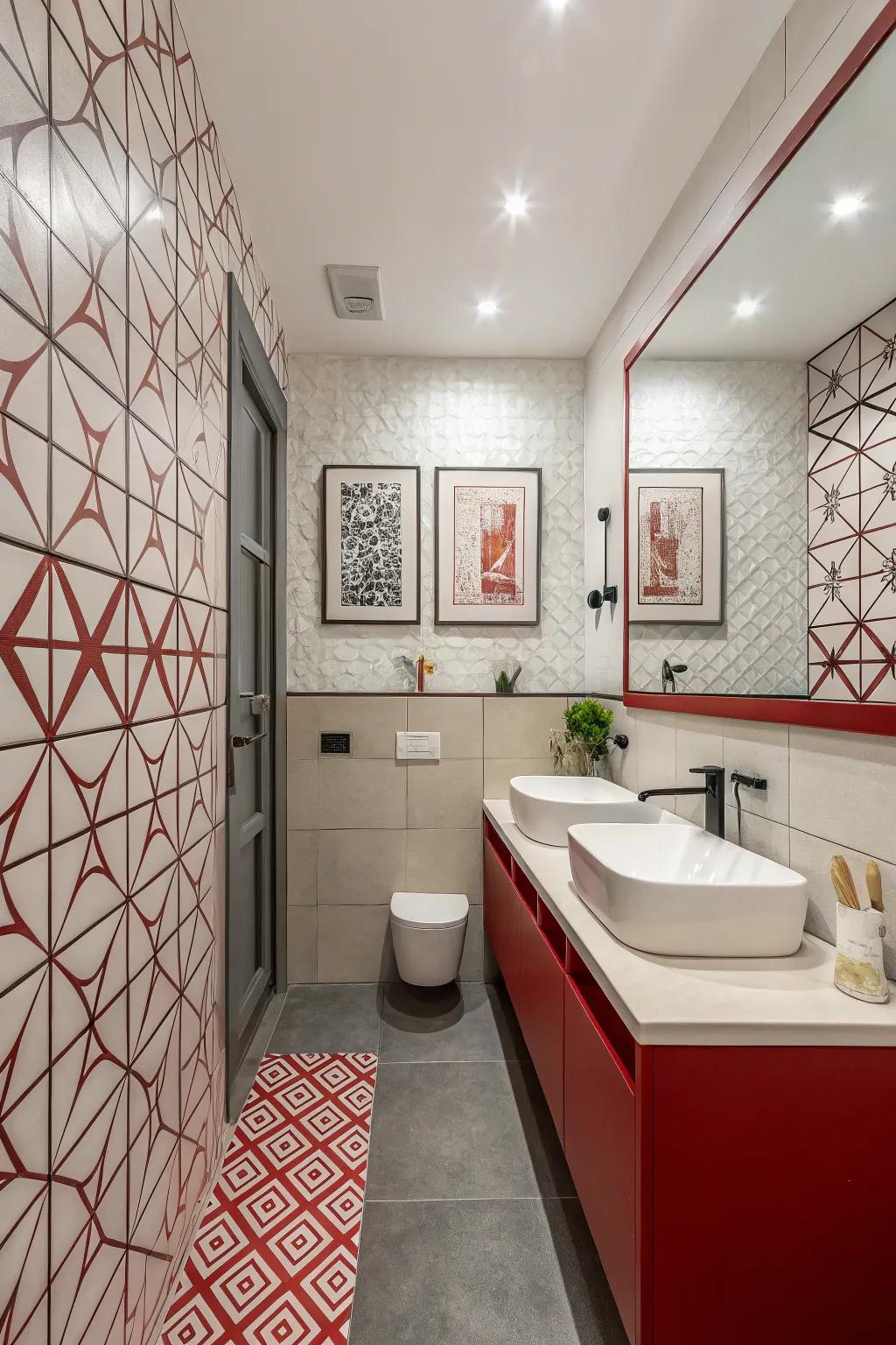 Modern red accents add a contemporary touch to the bathroom.