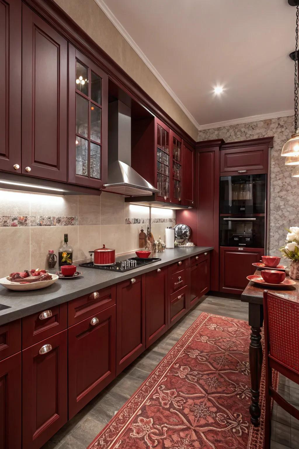 Bold monochromatic kitchen in dark red.