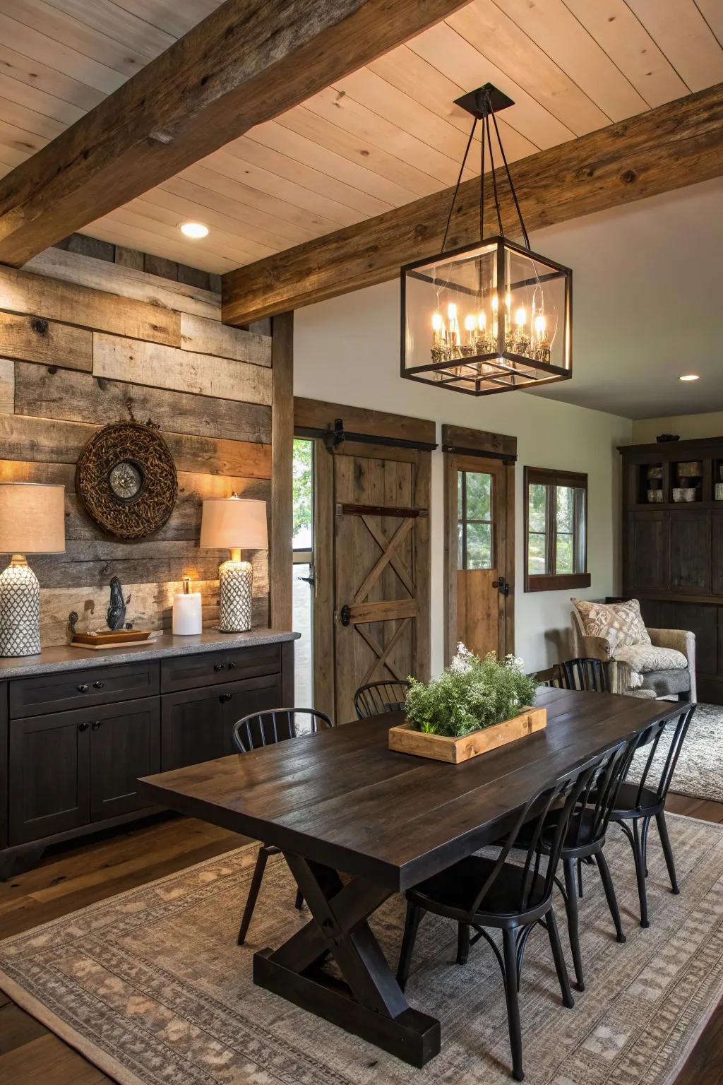 Salvaged wood adds rustic appeal to deep-toned wood settings.