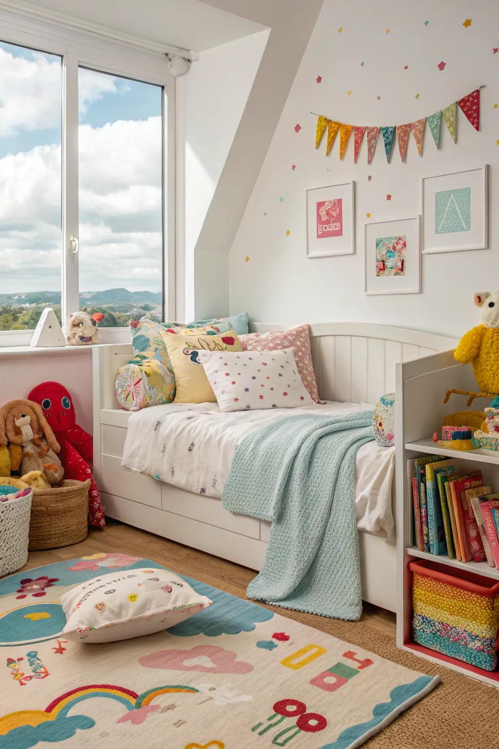 A playful daybed setup in a child's room, ideal for playing and sleeping.