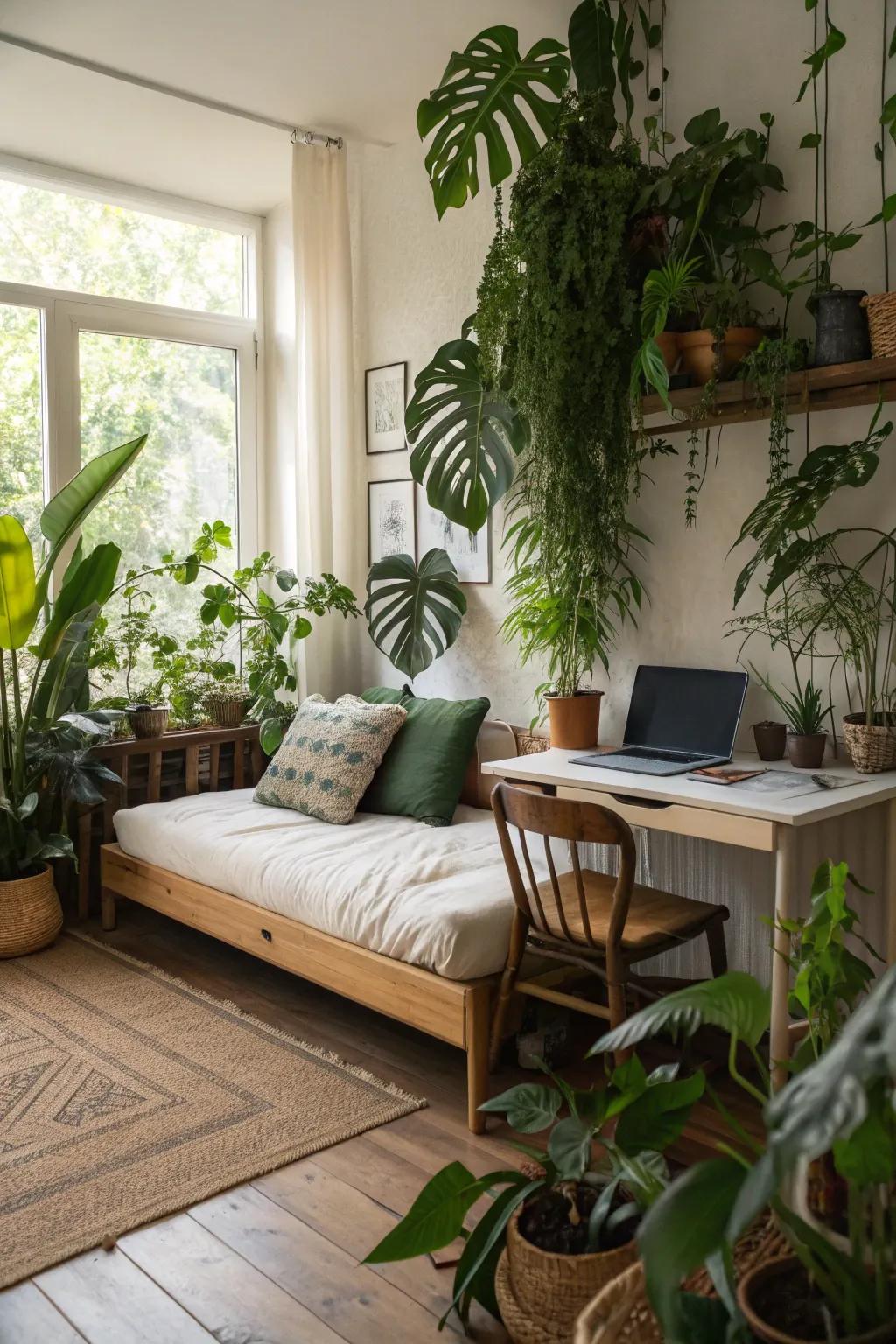 Plants add life and serenity to a multifunctional room.