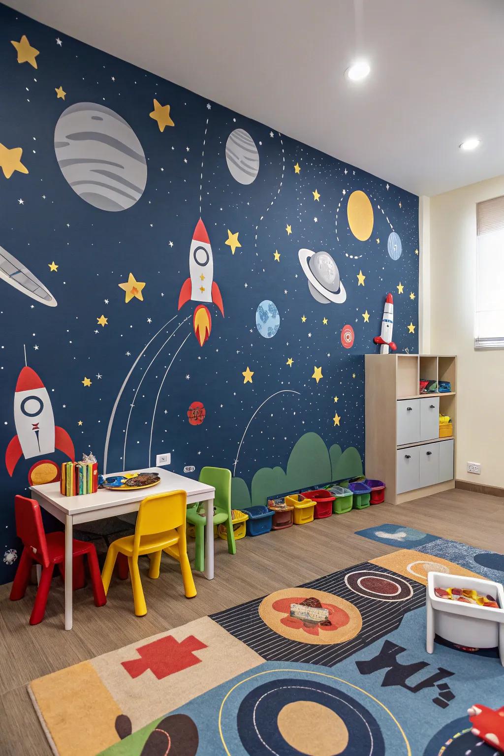 A daycare room ready for space adventures with space-themed wallpaper.
