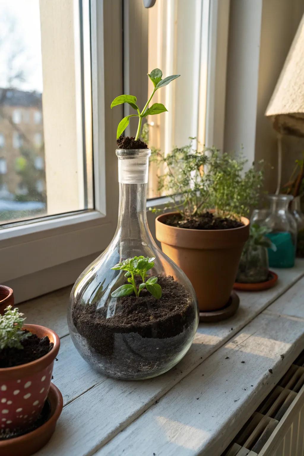 Vessels serving as unique planters for indoor greenery.