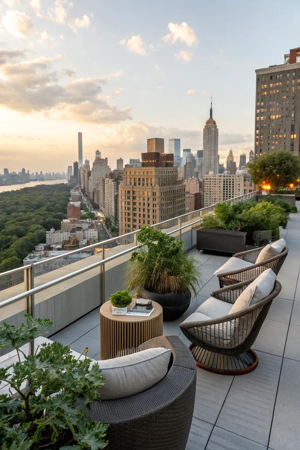 A rooftop deck offers a secluded oasis with breathtaking views.