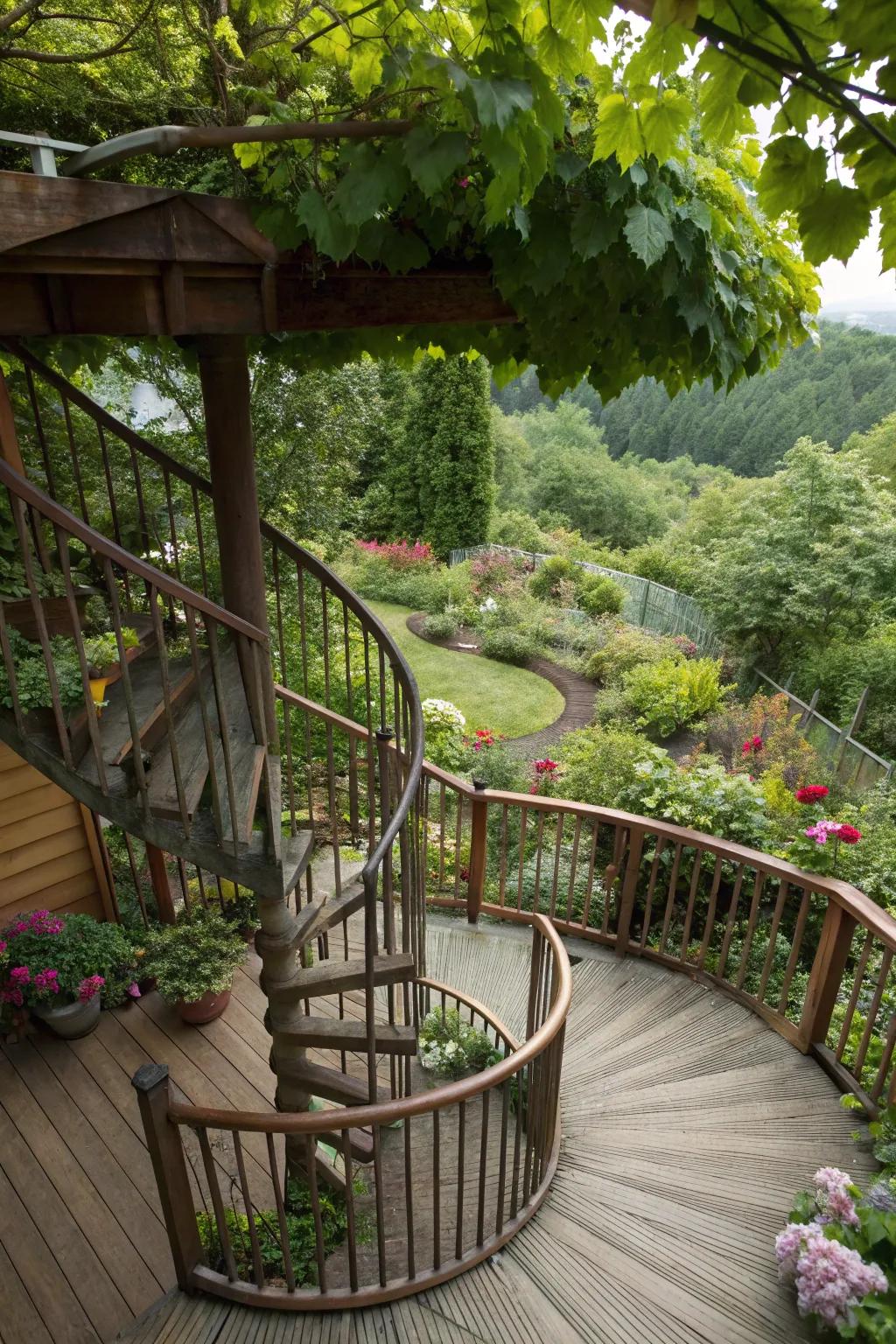 A winding stairway introduces refinement and usability to this multi-story deck.
