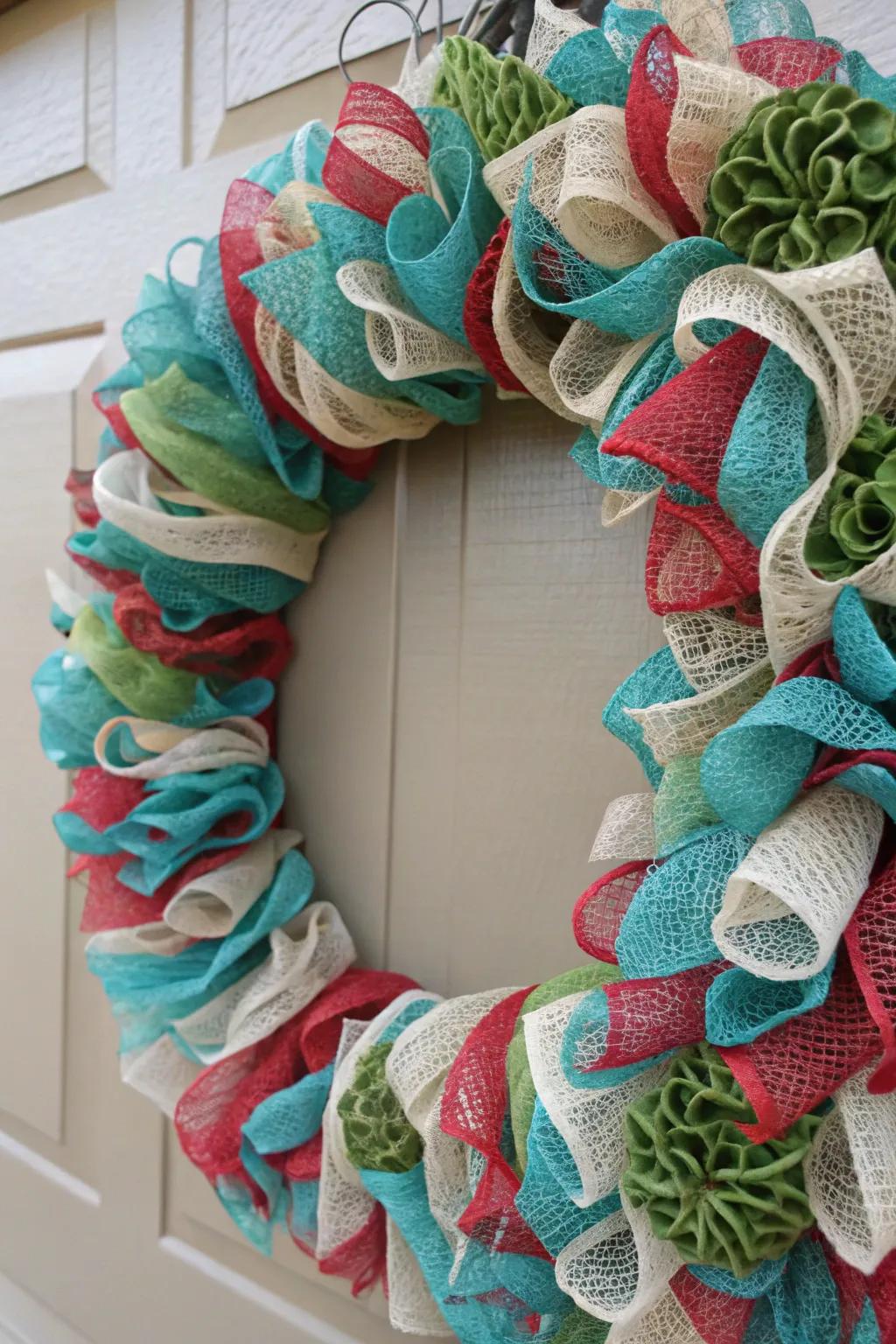 Recycled materials create a chic and sustainable wreath design.