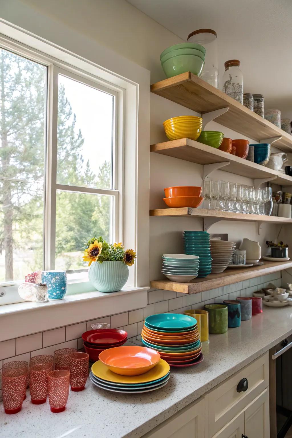 Open shelving adds display area and character to the kitchen.