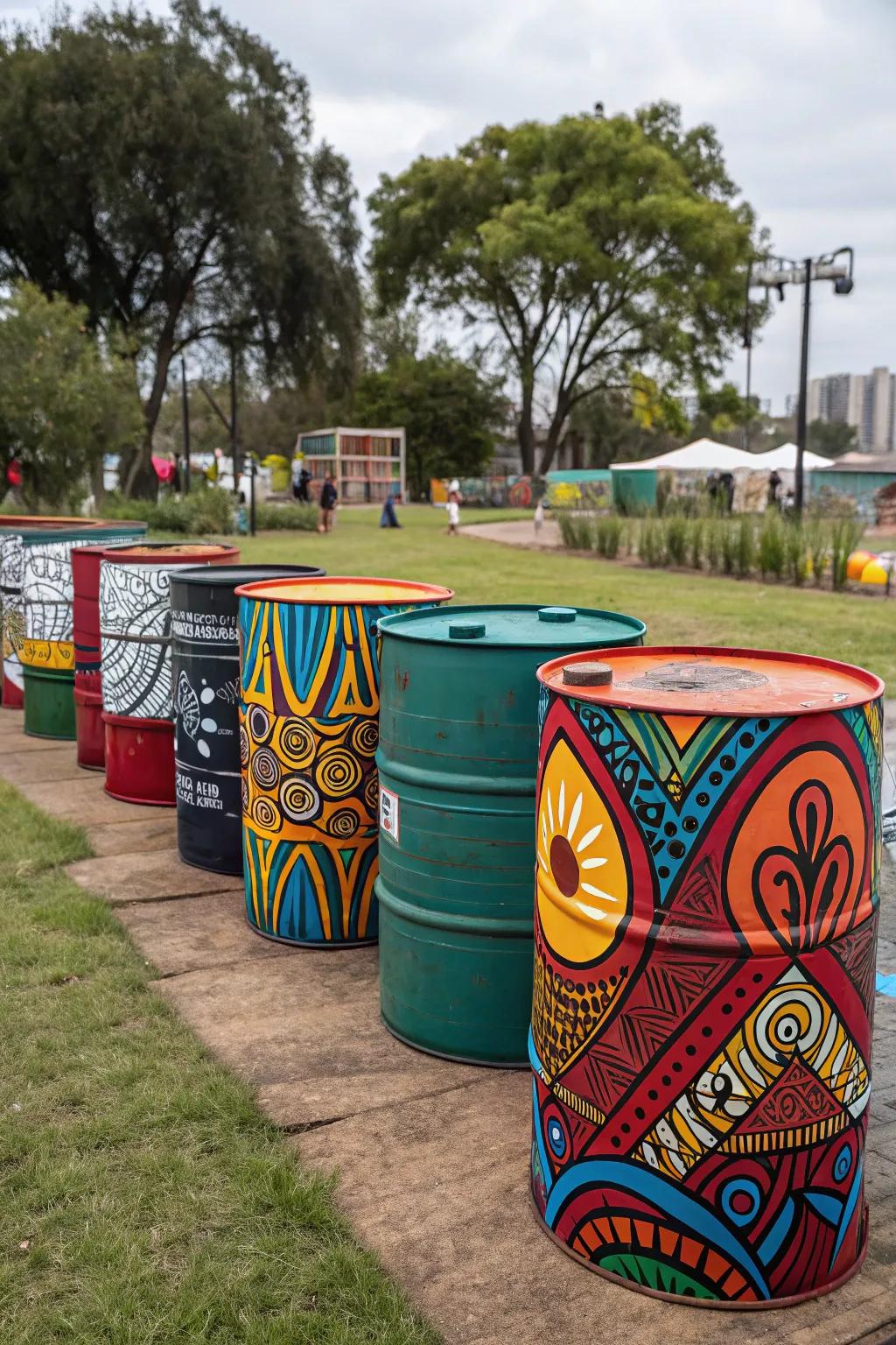 Non-figurative art painted barrels