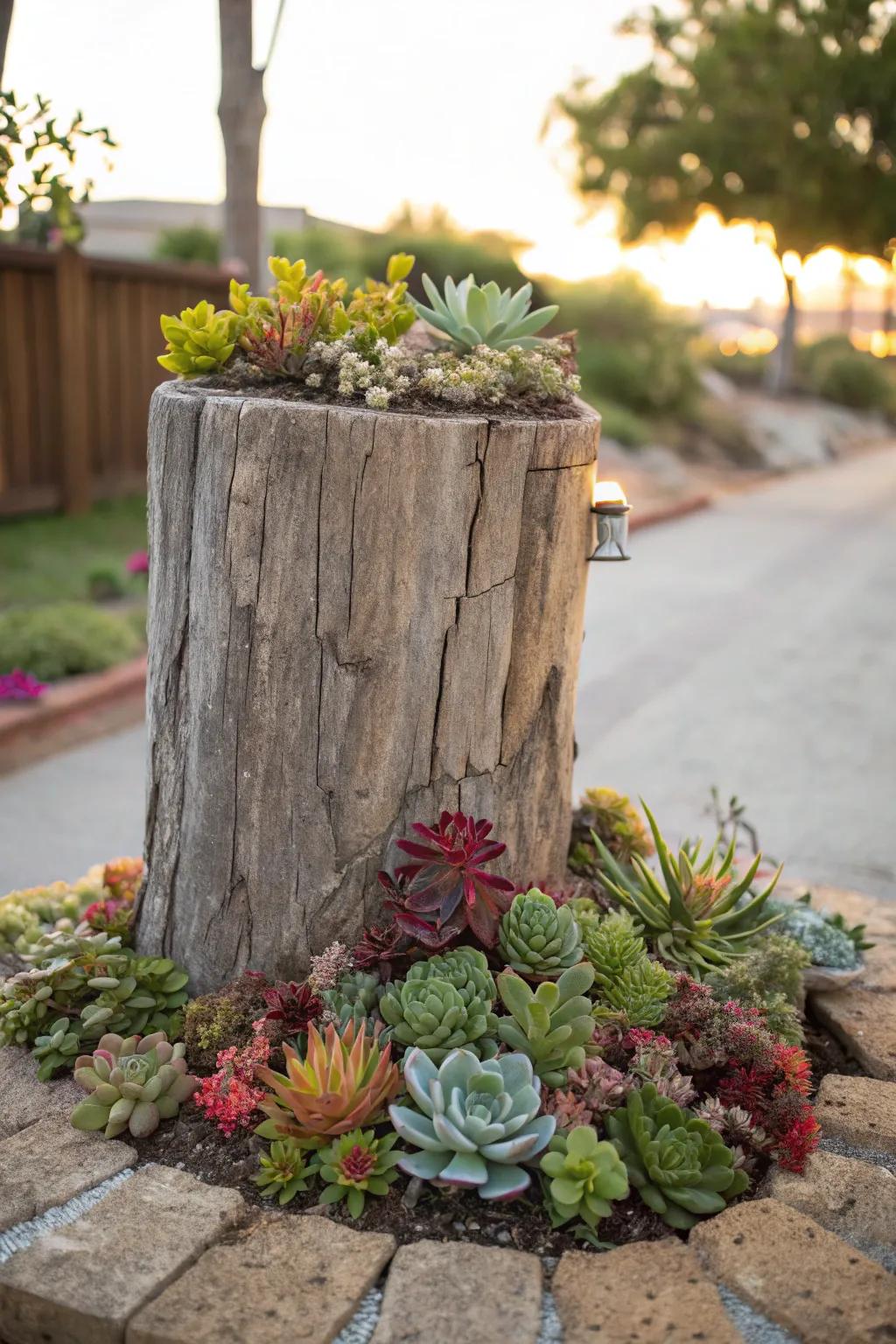 Cultivate a low-upkeep succulent garden atop a stump.