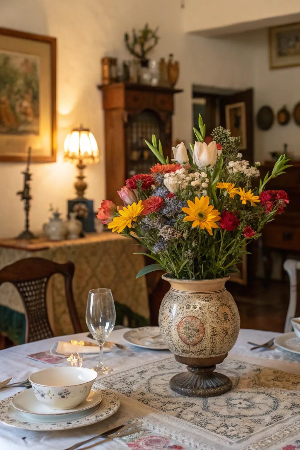 Vintage vases filled with blossoms introduce natural beauty inside.