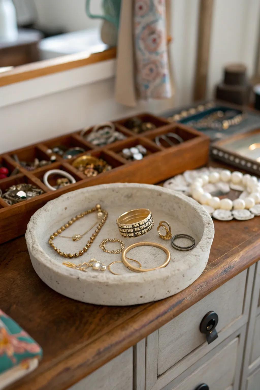 Keep your jewelry arranged with a fashionable stone plate.