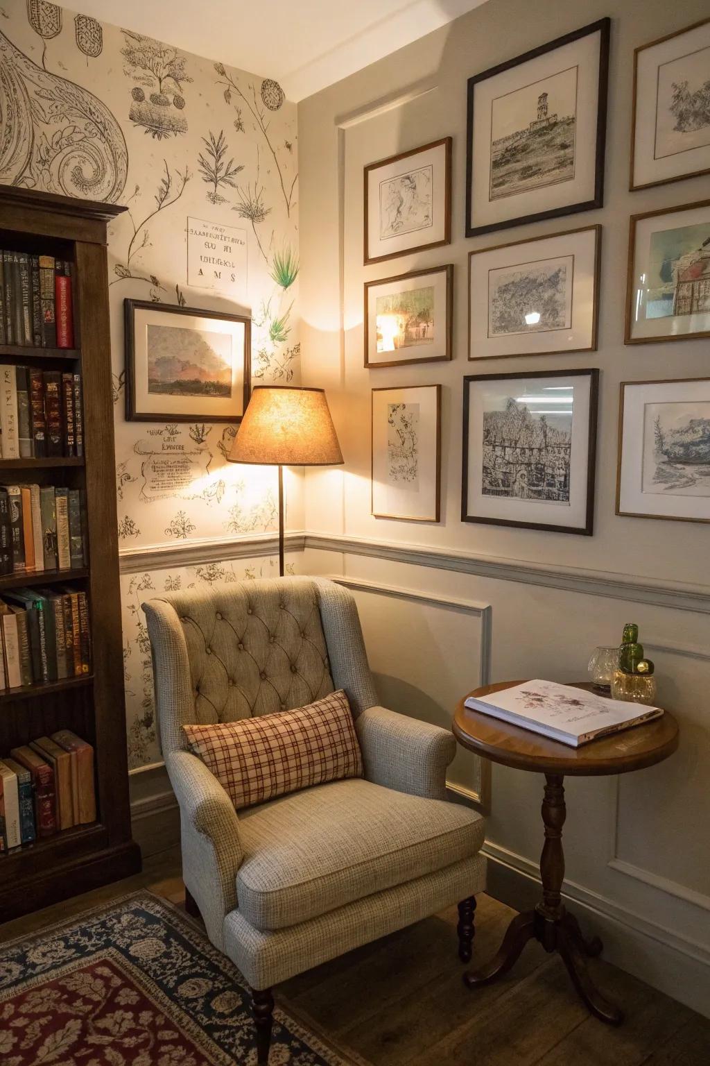 A cozy reading nook adorned with vintage-inspired drawings.