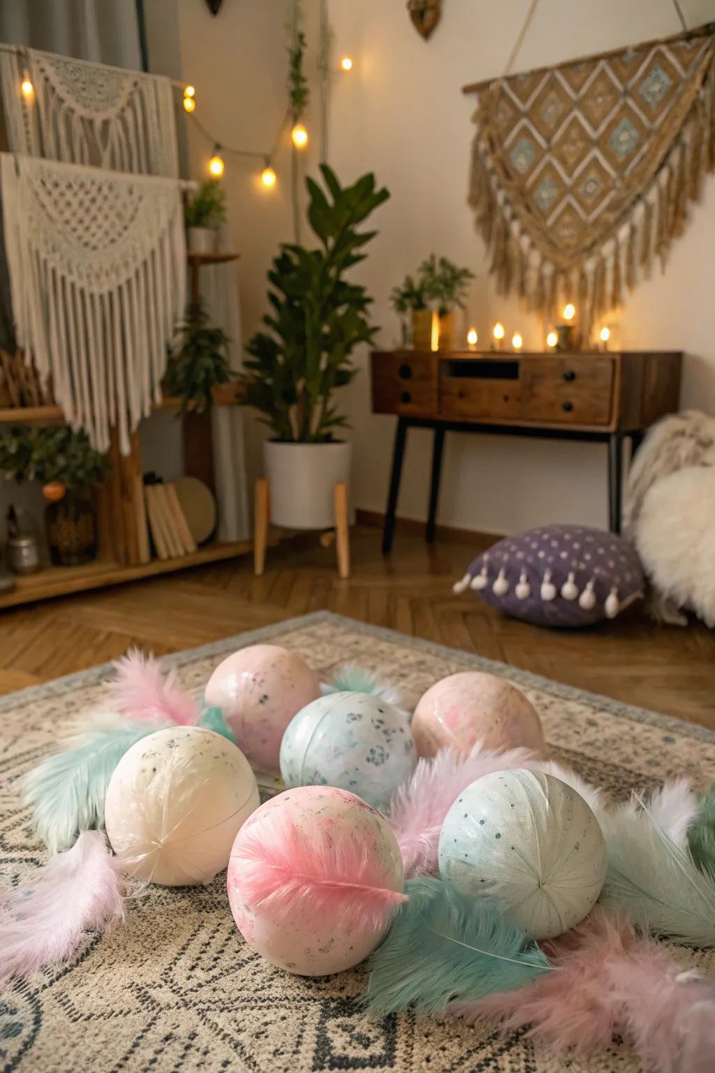 Feather-covered spheres adding a whimsical detail