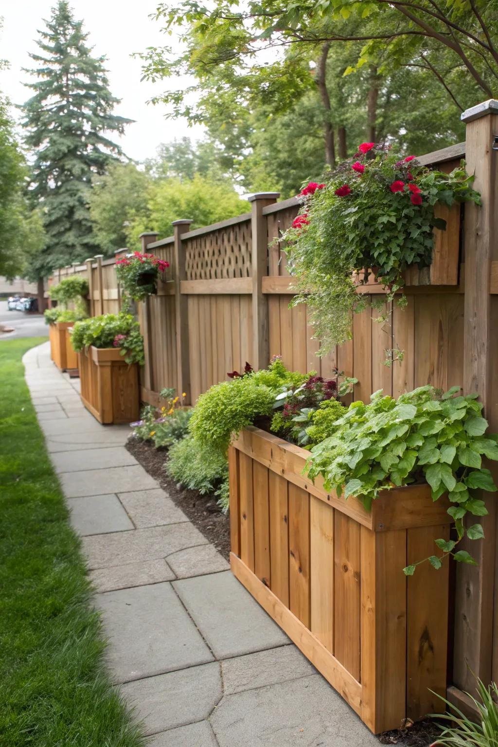 Planter-integrated fences unite privacy alongside nature.